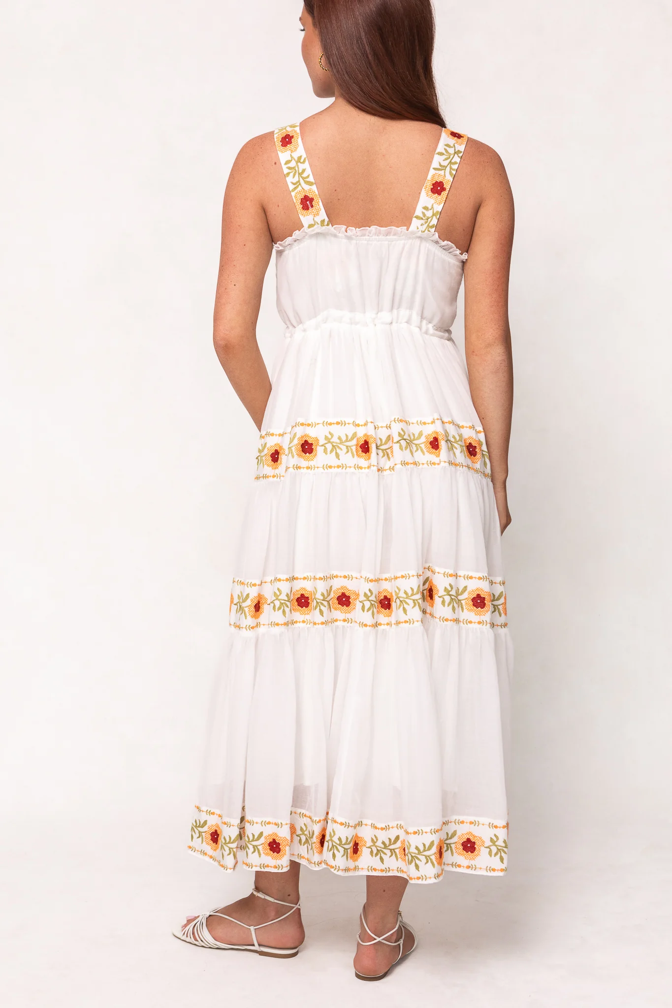 Katerina Dress in White with Floral Trim - Image 3