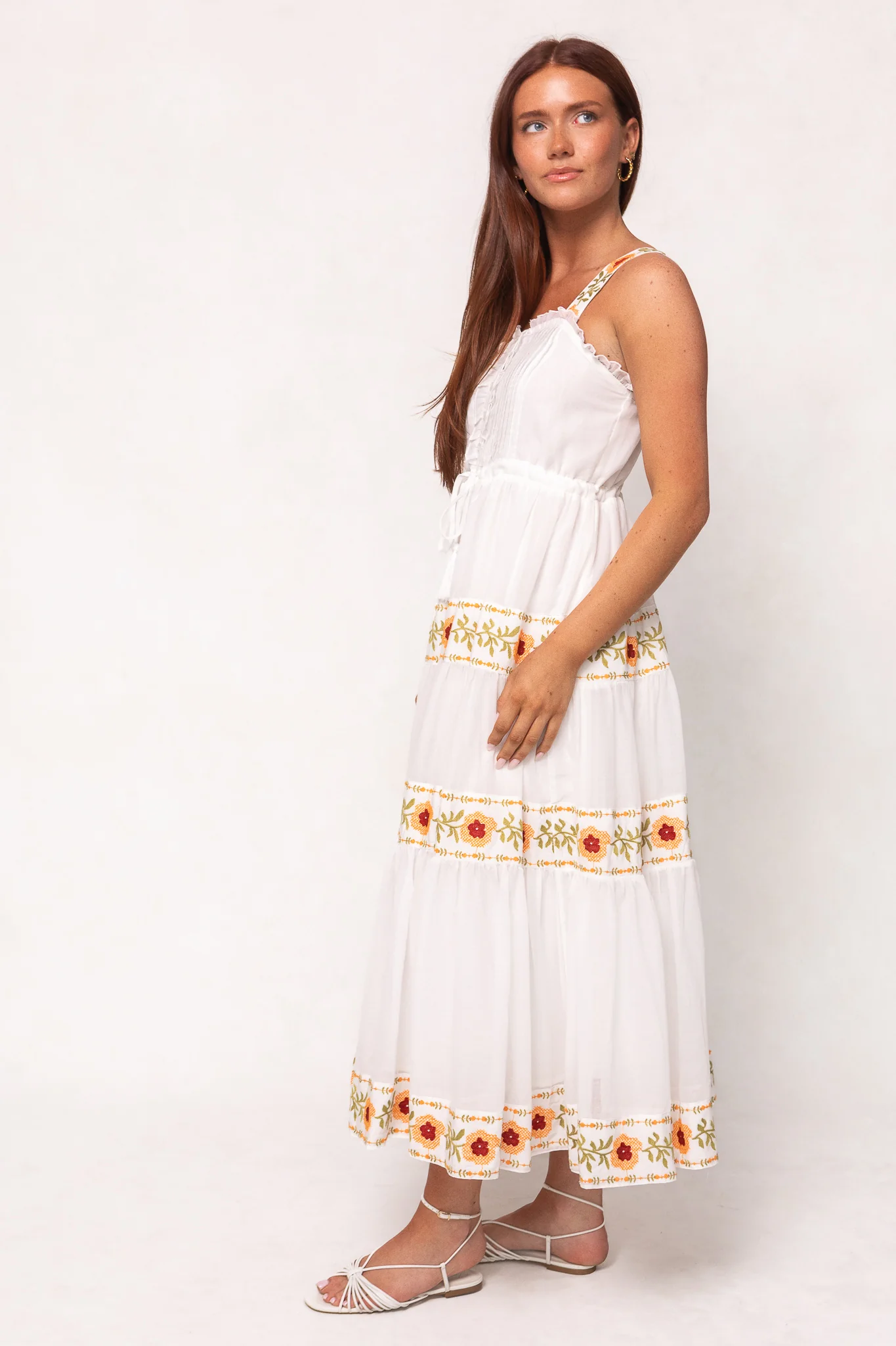 Katerina Dress in White with Floral Trim - Image 4