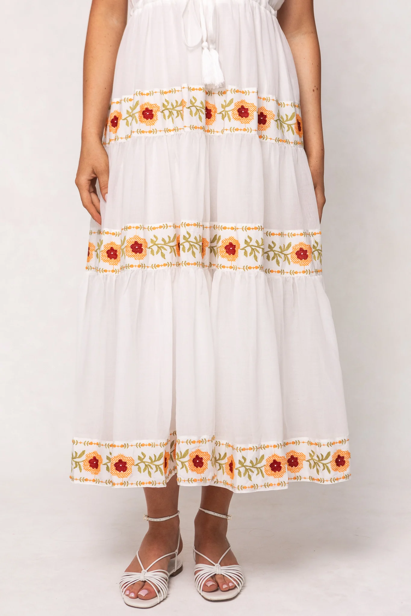 Katerina Dress in White with Floral Trim - Image 6